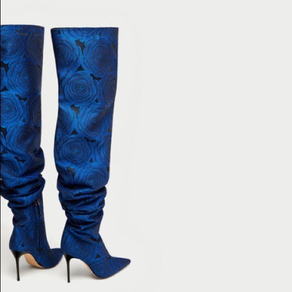 Zara Floral Over the Knee Fabric High Heel Boots - Picture 2 of 8